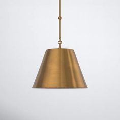 a brass colored pendant light hanging from a chain