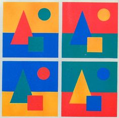 four squares with different shapes and sizes on them, all in blue, red, green, yellow and orange