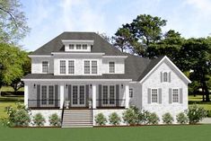 this is an artist's rendering of the front elevation of a house with porches and stairs