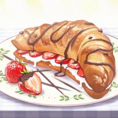 a piece of bread with chocolate and strawberries on it, sitting on a plate