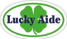 the lucky aide logo is green and white with four leaf clovers on it