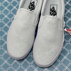 White Crystal Glitter Slip On Vans - ButterMakesMeHappy Vans Bride Shoes, White Wedding Vans, Bedazzled Vans Wedding, White Sparkly Vans, White Lace Wedding Vans, White Sparkly Dress, Keds Slip On, Glitter Vans, Sk8 Hi Vans