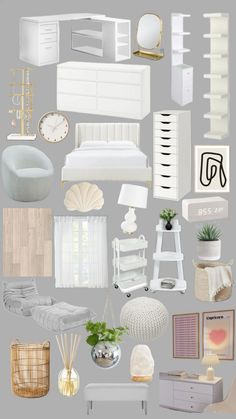 a collage of white furniture and accessories