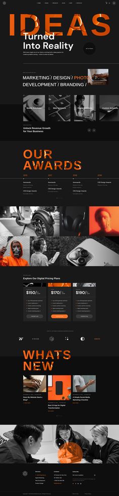 an orange and black web page with the words,'ideas into reality'on it