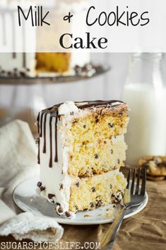 a slice of cake on a plate next to a glass of milk and a fork