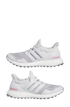 the white adidas running shoe is shown in two different positions, one on top of the