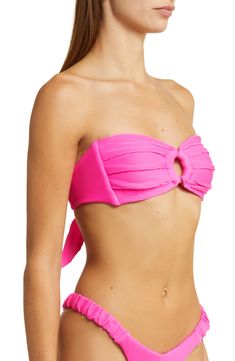 Pleating lends texture and extra coverage to this strapless bikini top crafted with a sunny O-ring at the center. Ties at back Lined 80% nylon, 20% elastane Hand wash, dry flat Imported Beachwear Bandeau Halter Top For Sunbathing, Bandeau Halter Top For Beach, Bandeau Beachwear Tube Top For Beach Party, Strapless Halter Top For Pool Beachwear, Bandeau Tube Top For Beach Party, Beachwear Triangle Tube Top For Sunbathing, Summer Strapless Swimwear With Removable Bra Pads, Strapless Summer Swimwear With Removable Bra Pads, Strapless Swimwear With Removable Bra Pads For Summer