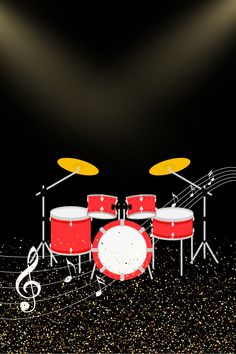 a red drum set with musical notes on the floor and lights in the back ground