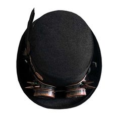 Enhance your look with this versatile unisex top hat. It's an impressive choice that can truly transform your appearance. Designed to impress both men and women, it comes with goggles. Crafted from high-quality synthetic leather, you'll love its style and comfort. Buy now! Steampunk Top Hat For Halloween Cosplay, Steampunk High Crown Costume Accessories For Cosplay, Steampunk Brimmed Halloween Costume Hat, Steampunk Brimmed Costume Hat For Cosplay, Steampunk High Crown Top Hat For Cosplay, Vintage Black Top Hat For Cosplay, Black Brimmed Top Hat For Cosplay, Black Steampunk Hat Costume Accessory, Adjustable Brimmed Costume Accessories For Cosplay