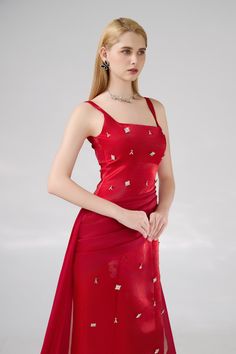 This dress is perfect for a sleek and sophisticated look. The extended flap adds an elegant touch while the twill fabric ensures comfort and durability. The floor length design is timeless and can be dressed up or down for any occasion. Luxury Fitted Midi Dress For Banquet, Elegant Red Midi Dress For Gala, Elegant Red Midi Dress With Square Neck, Elegant Red Midi Dress For Evening, Fitted Evening Dress With Straight Neckline, Elegant Red Dress With Straight Neckline, Fitted Sleeveless Evening Dress For Red Carpet, Red Fitted Midi Dress For Gala, Red Midi Dress With Straight Neckline For Formal Occasions