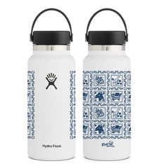 two hydro flasks with blue and white designs on them