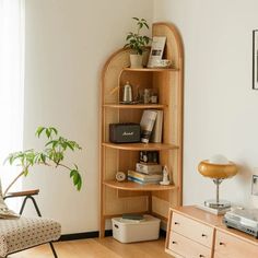 a living room filled with furniture and a plant on top of a wooden book shelf