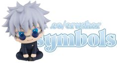 an anime character with blue eyes sitting on top of a white sign that says co / crusher symbols