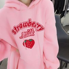 STRAWBERRY MILK HOODIE on Storenvy Sweatshirts Hoodie Women, Kawaii Strawberry, Goth Vintage, Cute Coats, Sleeveless Sweater Vest, Evening Dresses Plus Size, Strawberry Milk, Cute Crop Tops, Sweater Material