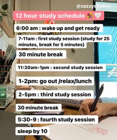 a person writing on a piece of paper in front of a computer screen with the text, 12 hour study schedule 6 00 am wake up and get ready 7 minutes break for 5 minute break