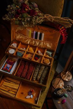 I used an old jewelry box and put all my witchy things inside of it! Jewelry Box Altar, Spell Box Witchcraft, Witch Boxes Ideas, Witchy Storage Ideas, Witchy Box Diy, Upcycled Jewelry Box Diy Ideas, Witchy Jewelry Box Diy, Witch Boxes Diy, Upcycled Jewelry Box Diy