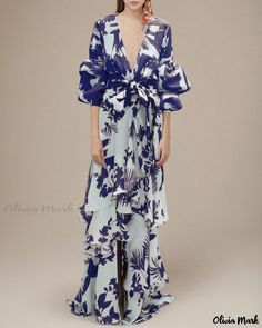 Olivia Mark - Luxurious Snowflake Print Maxi Dress Elegant Silk Dresses, Dress Elegant Long, Chic Maxi Dresses, Snowflake Print, Dresses Xxl, Elegant Dresses Long, Lantern Sleeve, Maxi Dress Blue, Evening Dresses Long