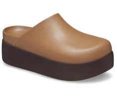 Dylan Platform Clog - Crocs Spring Brown Clogs With Textured Sole, Modern Slide Clogs With Leather Footbed, Modern Leather Footbed Slide Clogs, Brown Platform Slip-on Slides, Chic Leather Clogs With Textured Sole, Modern Clogs With Cushioned Footbed For Work, Modern Synthetic Clogs With Removable Insole, Trendy Brown Mules With Leather Footbed, Trendy Leather Slides With Rubber Sole