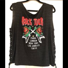 Forever 21 Rock Tour Graphic Band Tee New!! Size Medium Soft French Knit Terry Band Tee Raw Cut Boat Neck Line Trendy Graphic Print Tank Top For Music Festival, Trendy Crew Neck Tank Top For Concerts, Edgy Fall Tops For Concert, Summer Graphic Tee With Band Logo, Graphic Print Tank Top For Concerts In Spring, Graphic Print Tank Top For Spring Concerts, Graphic Print Crew Neck Tank Top For Concert, Crew Neck Graphic Print Tank Top For Concert, Casual Graphic Print Tank Top For Music Festival