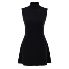 a women's black dress with high neck and flared hems, on a white background