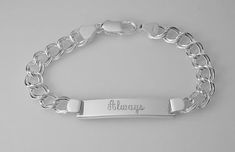 Custom Engraved ID Bracelet Sterling Silver 7.25 Inch Length Double Curb Link- Hand Engraved Classic Engraved Charm Bracelet For Formal Occasions, Classic Sterling Silver Nameplate Bracelet, Engraved Link Sterling Silver Bracelet, Classic Personalized Sterling Silver Chain Bracelet, Engraved Sterling Silver Link Bracelet, Sterling Silver Nameplate Jewelry With Curb Chain, Personalized Silver Link Bracelets, Personalized Silver Link Bracelet, Classic Personalized Sterling Silver Bracelet