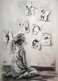 Peeking Behind Wall Pose, Childhood Drawing Ideas, Unique Pencil Drawings, Growing Up Drawing, Art About Growing Up, Drawings Of Children, Childhood Drawing, Growing Up Art, Child Art