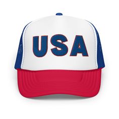 USA Foam Trucker Hat - Perfect for Memorial Day and Fourth of July! This head accessory is made with high-quality polyester and foam that guarantees a premium look and feel. The foam trucker hat has an adjustable snap that ensures a comfortable fit, and the mesh back provides great breathability.  * 100% polyester front * 100% polyester mesh back * Thicker and heavier fabric, laminated with high-density, non-toxic foam * Structured, 5-panel cap, high-profile * 8 rows of stitching on a pre-curved Adjustable Size Flat Brim Patriotic Hat, Patriotic Adjustable Baseball Cap, Adjustable Patriotic Baseball Cap, Patriotic Baseball Cap, One Size Fits Most, Patriotic Baseball Cap One Size Fits Most, Adjustable Cap For 4th Of July, Patriotic Cap Hat Made In Usa, Patriotic Cap Made In Usa, Adjustable Trucker Cap For 4th Of July