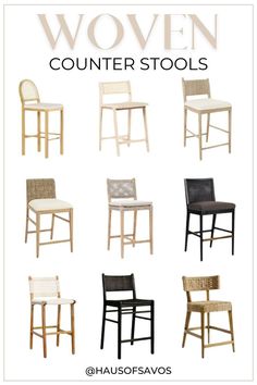 different types of counter stools with the words woven counter stools