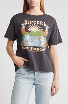 A retro beach graphic lends ultracool throwback vibes to this relaxed-fit T-shirt made from soft cotton jersey. Crewneck Short sleeves 100% cotton Machine wash, line dry Imported Casual Beach T-shirt With Graphic Design, Retro Printed T-shirt With Relaxed Fit, Graphic Tee T-shirt For Surfing With Relaxed Fit, Relaxed Fit Graphic Tee For Surfing, Graphic Tee With Relaxed Fit For Surfing, Surfing Graphic Print Relaxed Fit T-shirt, Relaxed Fit Surfing T-shirt With Graphic Print, Casual Surfing T-shirt With Graphic Print, Casual Surfing Top With Graphic Print