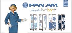 a woman in blue uniform standing next to three vending machines with the words pan am on