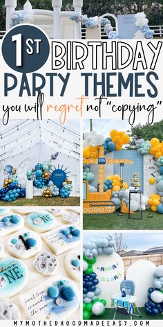 a collage of photos with the words 1st birthday party themes you'll forget not to copying