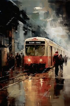 a painting of people walking in the rain next to a red and white subway train