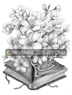 an open book with flowers in it and the words trending coloring com on top