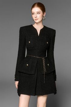 Gigi Peplum V-Neck Tweed Jacket - MEAN BLVD Tweed Design, Mean Blvd, Tweed Mini Skirt, Ankle Length Dress, Black Tweed, Stylish Jackets, Tweed Dress, Elegant Outfit, Tweed Jacket