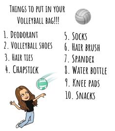 a girl is throwing a volleyball ball in the air with her hand and text that says, things to put on your volleyball bag