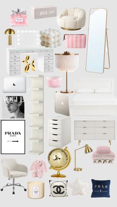 a collage of white furniture and accessories including a bed, chair, desk, mirror, lamp, table