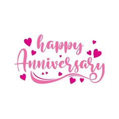 happy anniversary lettering with hearts in pink and red colors on a white background for valentine's day