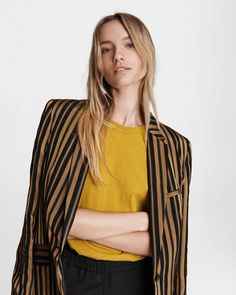 A feminine spin on traditional tailored menswear, this hip-length, single-button closure striped blazer is made from an elegant silk and viscose blend. Features horn fisheye buttons . rag & bone Women's Tailored Fit Blazer | Gold Stripe, 10 (also in 00,0,2,4,6,8,12) Tailored Menswear, Blazer Women, Women Coats, Fitted Blazer, Striped Blazer, Womens Blazers, Gold Stripes, Women's Coats & Jackets, Jacket Sale