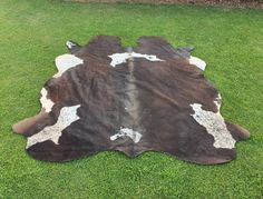 a brown and white cowhide rug on green grass