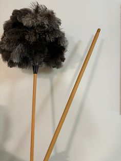 two wooden sticks sticking out of a white wall next to a fur hat on top of it