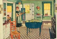 a woman holding a tray in a green kitchen