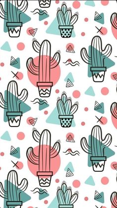 an image of a cactus pattern on a white background with pink, blue and green colors