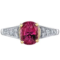 This magnificent ring features a GIA certified 2.60 carat natural ruby in a cushion cut. GIA states it is from East Africa and has a purplish red color. This impressive ruby is complemented by 0.64 carats of round cut yellow diamonds set in 18K yellow gold and 0.38 carats of white diamonds set in platinum. The ruby possesses beautiful color and brilliant life, naturally, without heat treatment. GIA Report #: 2185114109 Currently ring size 6 ¾ Diamond Gold Ring, Red Spinel, Yellow Diamonds, Cushion Cut Ring, White Gold Set, White Diamond Ring, Gold Cocktail Ring, Blue Sapphire Diamond, Baguette Cut Diamond