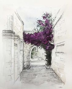 an ink drawing of a purple tree in the middle of a tunnel between two buildings