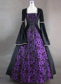 Purple Velvet Medieval Renaissance Dress Game of Thrones Theater Costume     Condition: Brand New   Color: Purple / Wine Red/ Green / Blue   Material: Brocade + Velvet + Lace   Silhouette: Ball Gown   Sleeve Length: Full Sleeve   Dresses Length:Floor-Length   Neckline:Square Collar   Decoration: Lace   Style: Vintage   Includes: Dress     More Detail: About 45 inches (114 cm) long from waist to hem regardless of size. This dress is pictured with a 4-hoop skirt underneath to achieve the look. Hoo Era Victoria, Red And Black Dress, Gothic Party, Full Sleeves Dress, Medieval Gown, Skin Aesthetics, Mode Tips, Old Dresses, Medieval Dress