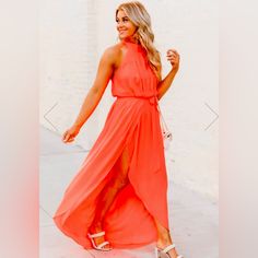 Neon Orange Maxi Dress Fabric Has Stretch In Elastic Only, Flowy Fit, Mid Weight Halter Style With Pleating Bust Detail, Backless, Self Tying Waist, Tulip Style Front Skirt, Side Zipper Closure, And Maxi Length Lined Size Small From Shoulder To Hem: 62" Material And Care: 100% Polyester, Hand Wash, Dry Flat Materials May Have Natural Variations Colors May Vary From Different Viewing Devices. Orange Sleeveless Maxi Dress For Date Night, Chiffon Halter Neck Dress For Brunch, Summer Cocktail Halter Maxi Dress, Flirty Maxi Dress For Beach, Flirty Maxi Dress For The Beach, Flirty Beach Maxi Dress, Flowy Sleeveless Flirty Maxi Dress, Flirty Flowy Sleeveless Maxi Dress, Flowy Summer Cocktail Dresses