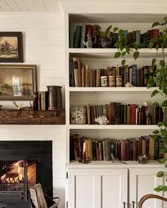 a living room filled with furniture and a fire place in front of a book shelf