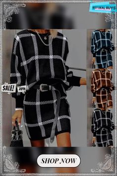 Large Plaid Pullover Long Sleeve Woolen Skirt Suit Two-piece Set Plaid Pullover, Stylish Sweaters, Short Skirt, Two Piece Dress, Skirt Suit, Women Pullover, Sweater Skirt, Stylish Dresses, Printed Shorts