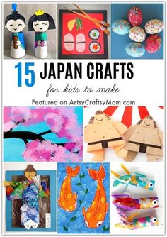 japanese crafts for kids to make featured on artsy crafty mom com with text overlay that reads, 15 japan crafts for kids to make