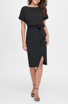 Kensie Tie Front Blouson Dress | Nordstromrack Casual Wedding Guest Dresses, Daytime Dresses, Blouson Dress, Textured Knit, Dillard's, Classy Dress, Boat Neck, Sheath Dress, Wedding Guest Dress